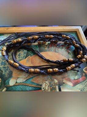 Boho Beaded belt - Dark Brown Cord with Wooden Beads tie belt